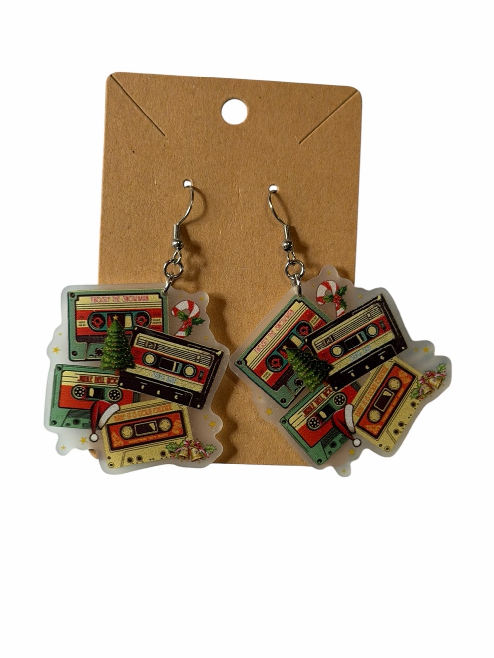 Retro Cassette Holiday Earrings - Green and Red